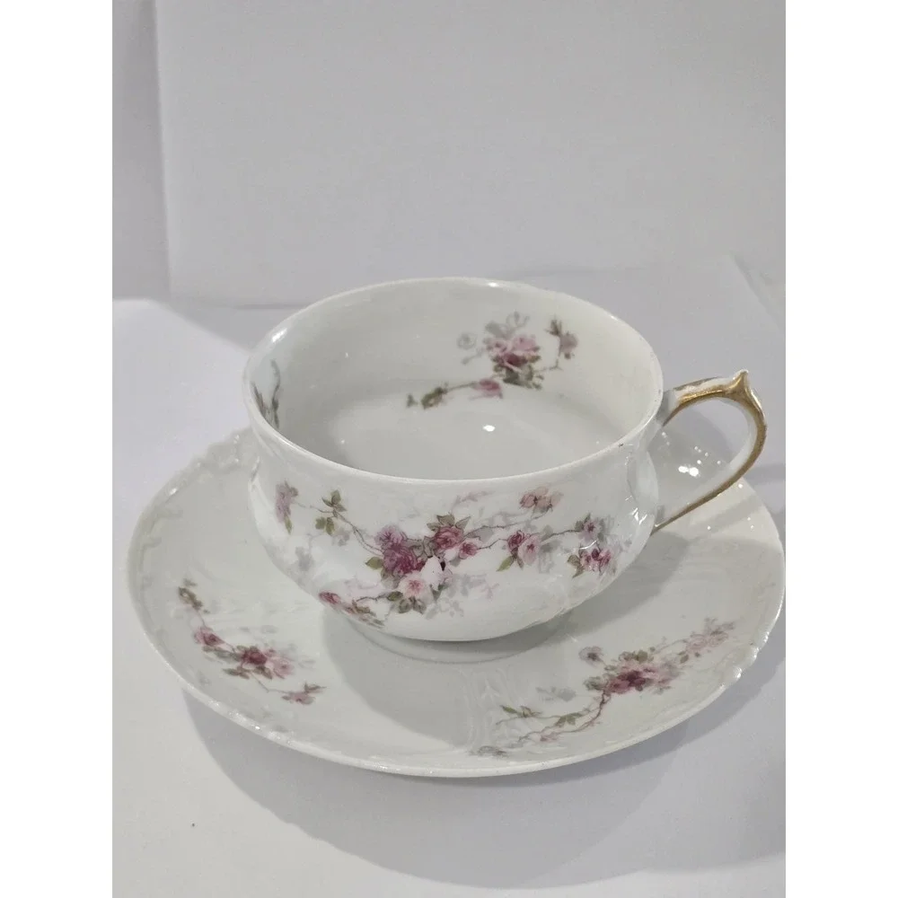 Haviland Limoges Schleiger Pink Rose Sprays Cup & Saucer Set Antique France